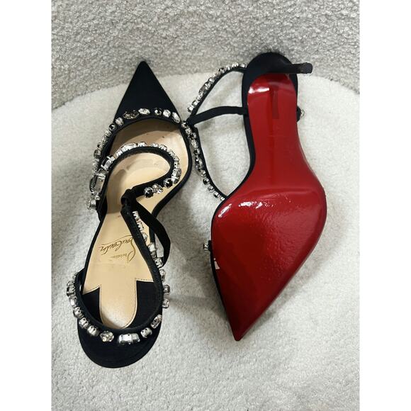 Christian Louboutin Black Satin Strass Pointed Toe Heels Size 41 - Picture 3 of 7